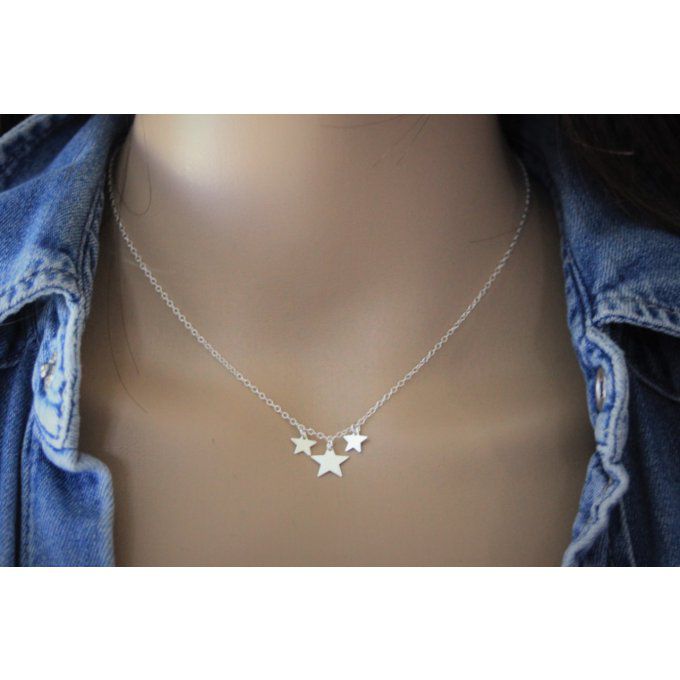 Collier ras du cou en argent massif 3 étoiles