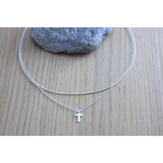 Collier en argent massif double chaine et pendentif petite croix