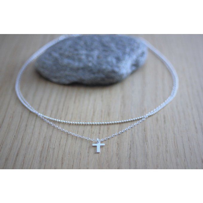 Collier en argent massif double chaine et pendentif petite croix