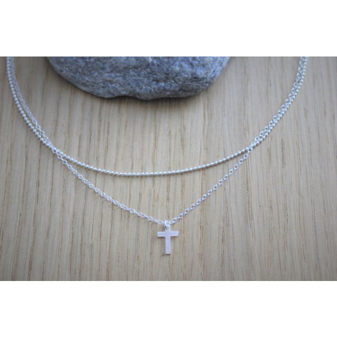 Collier en argent massif double chaine et pendentif petite croix