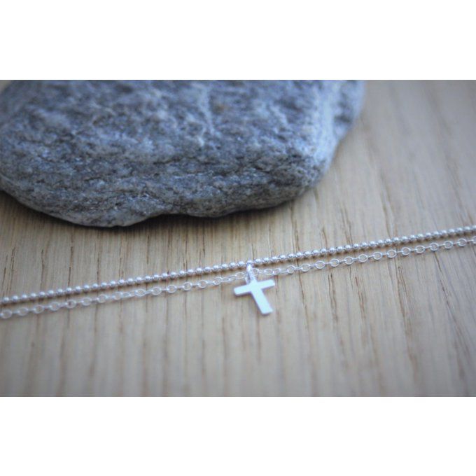 Collier en argent massif double chaine et pendentif petite croix