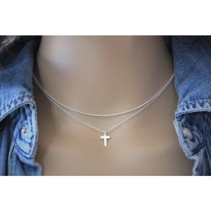 Collier en argent massif double chaine et pendentif petite croix