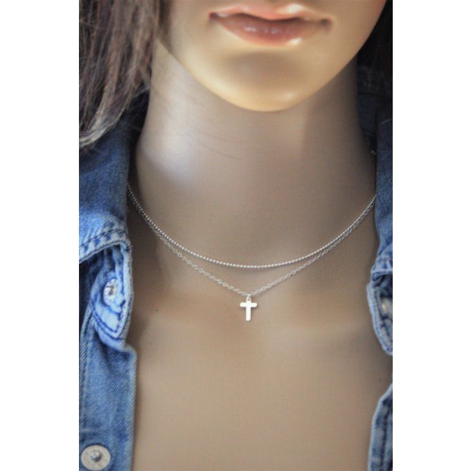 Collier en argent massif double chaine et pendentif petite croix