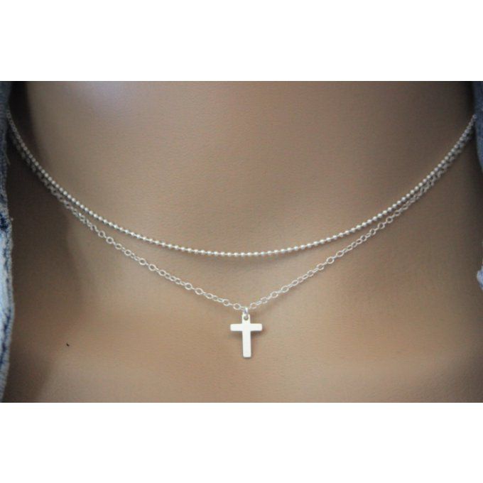 Collier en argent massif double chaine et pendentif petite croix