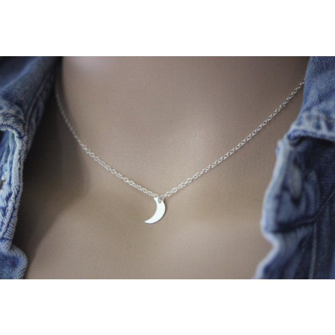 Collier argent massif pendentif petite lune 