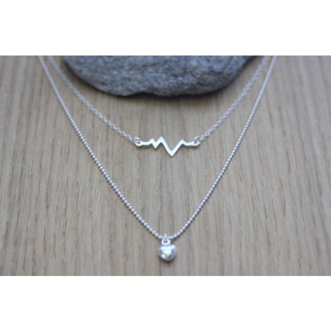 Collier argent massif double chaine ondes cardiaques et perle coeur