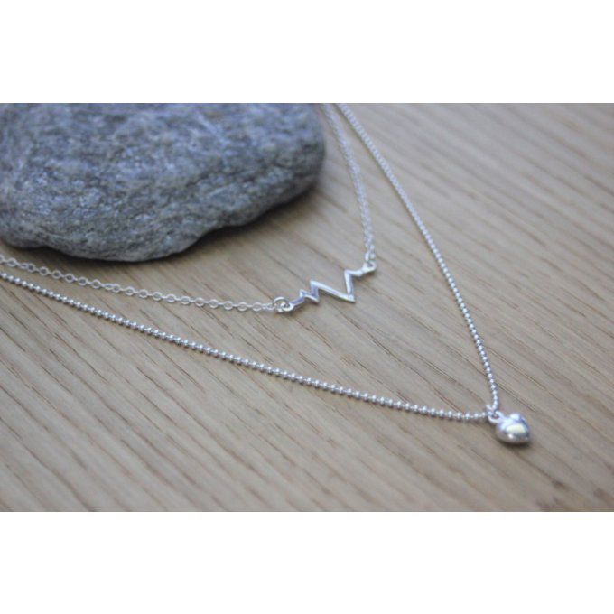 Collier argent massif double chaine ondes cardiaques et perle coeur