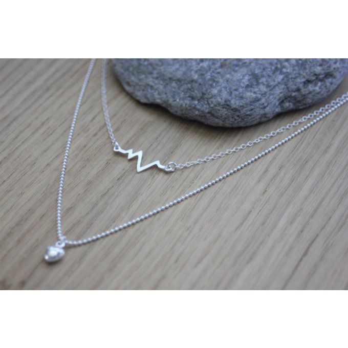 Collier argent massif double chaine ondes cardiaques et perle coeur