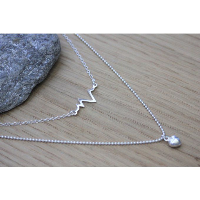 Collier argent massif double chaine ondes cardiaques et perle coeur