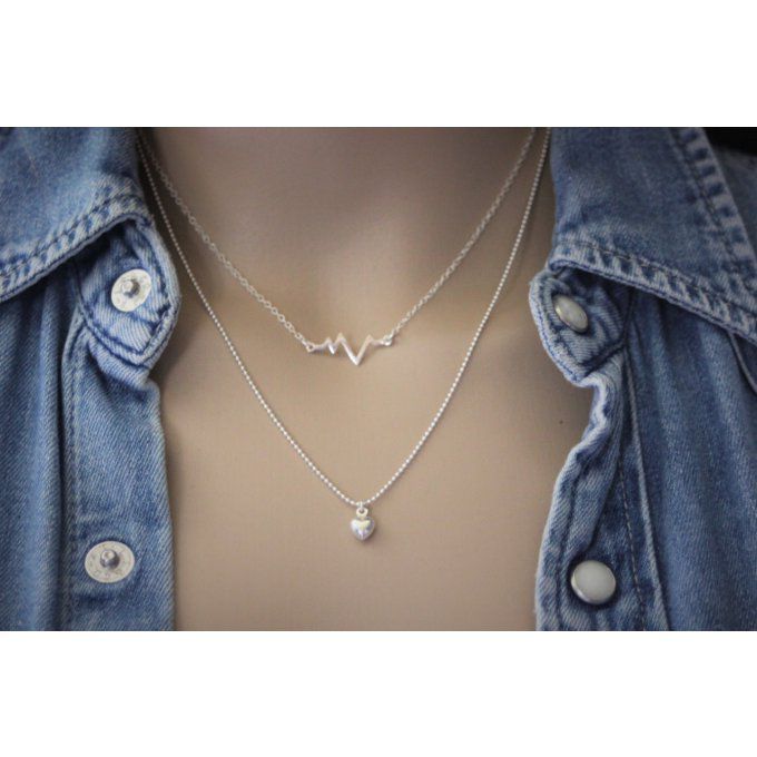 Collier argent massif double chaine ondes cardiaques et perle coeur