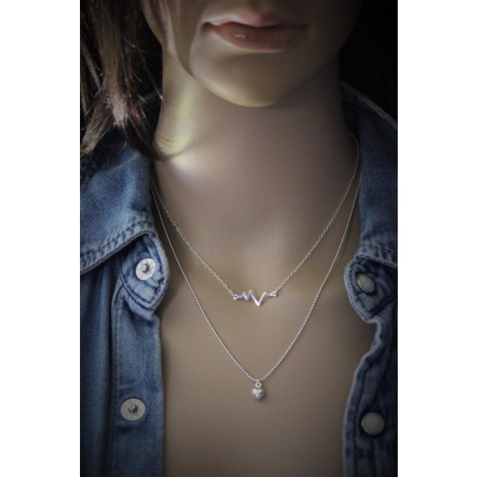 Collier argent massif double chaine ondes cardiaques et perle coeur