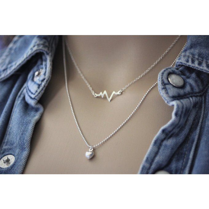 Collier argent massif double chaine ondes cardiaques et perle coeur