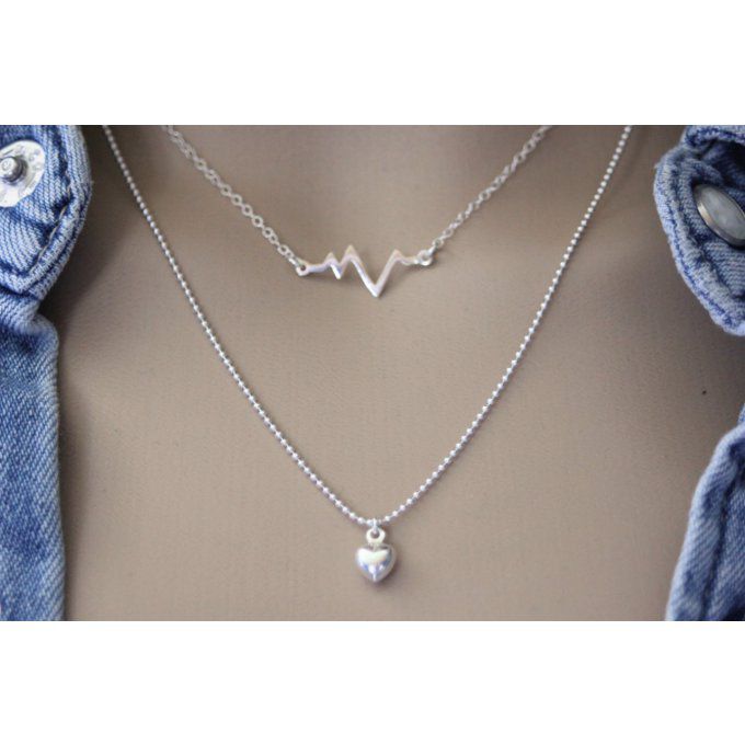 Collier argent massif double chaine ondes cardiaques et perle coeur