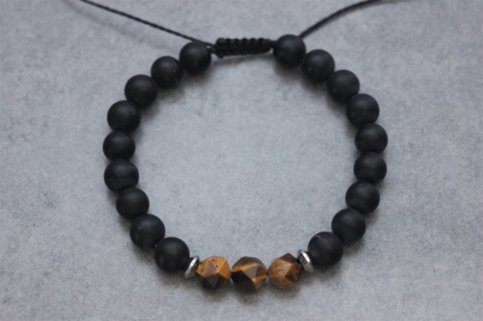 Bracelet en perles onyx mat, oeil de tigre et acier inoxydable