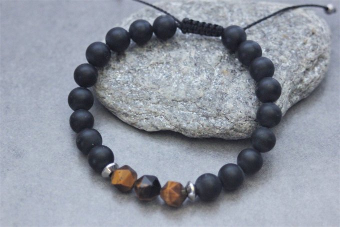 Bracelet en perles onyx mat, oeil de tigre et acier inoxydable