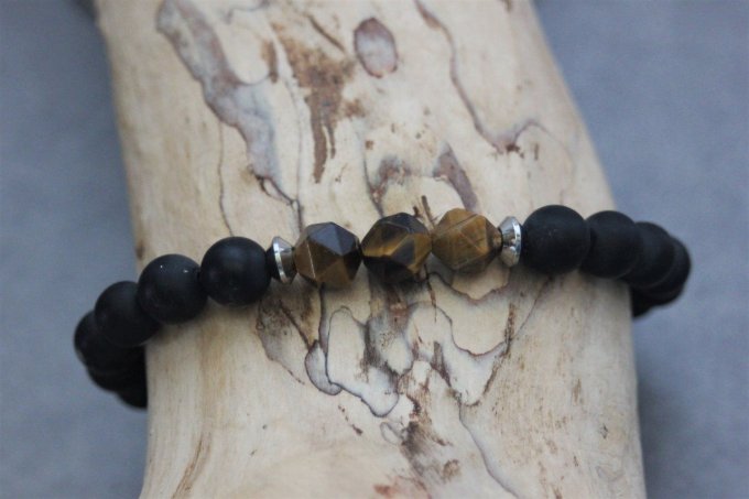 Bracelet en perles onyx mat, oeil de tigre et acier inoxydable