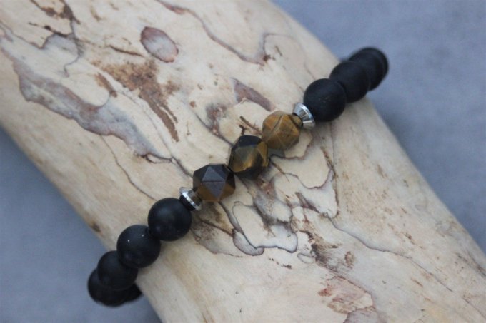 Bracelet en perles onyx mat, oeil de tigre et acier inoxydable