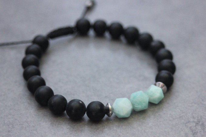 Bracelet en perles onyx mat, amazonite et acier inoxydable