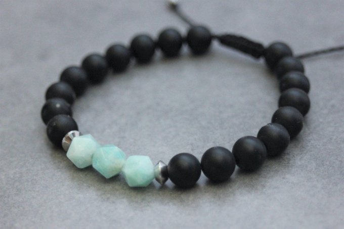 Bracelet en perles onyx mat, amazonite et acier inoxydable