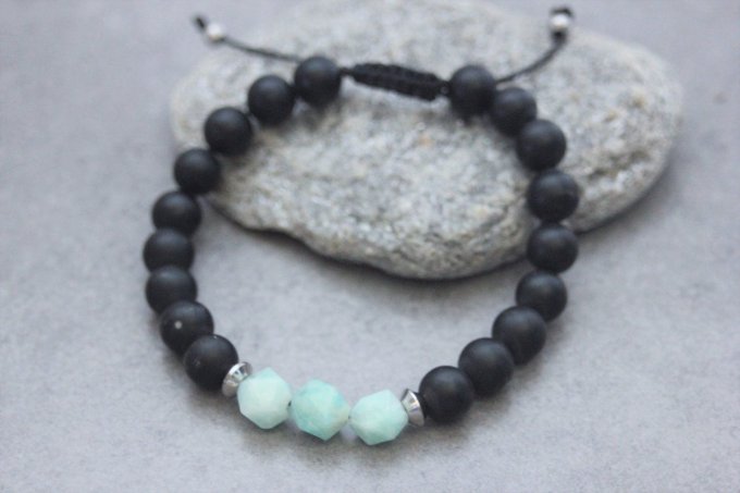 Bracelet en perles onyx mat, amazonite et acier inoxydable