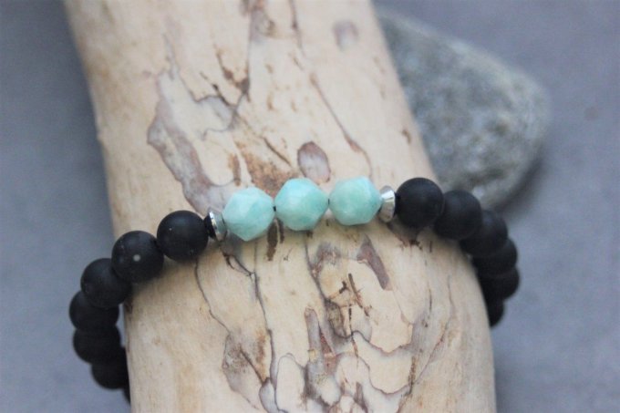 Bracelet en perles onyx mat, amazonite et acier inoxydable