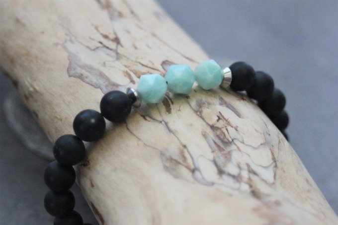 Bracelet en perles onyx mat, amazonite et acier inoxydable