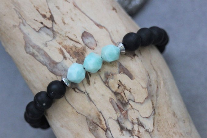 Bracelet en perles onyx mat, amazonite et acier inoxydable