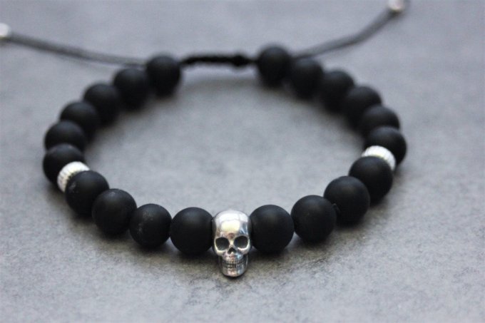 Bracelet perles onyx mat et tête de mort argent 925