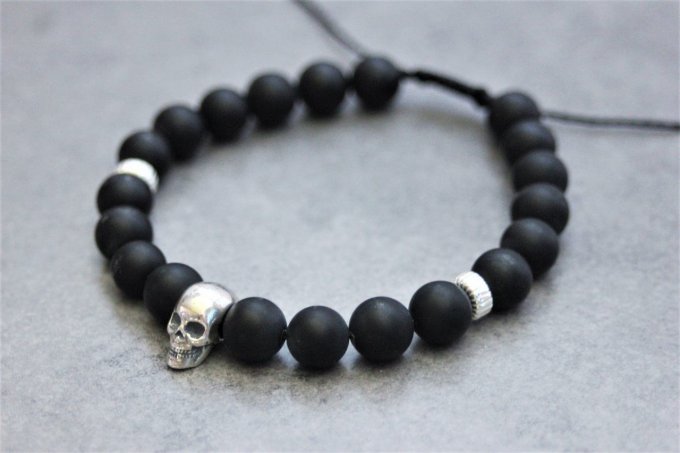 Bracelet perles onyx mat et tête de mort argent 925