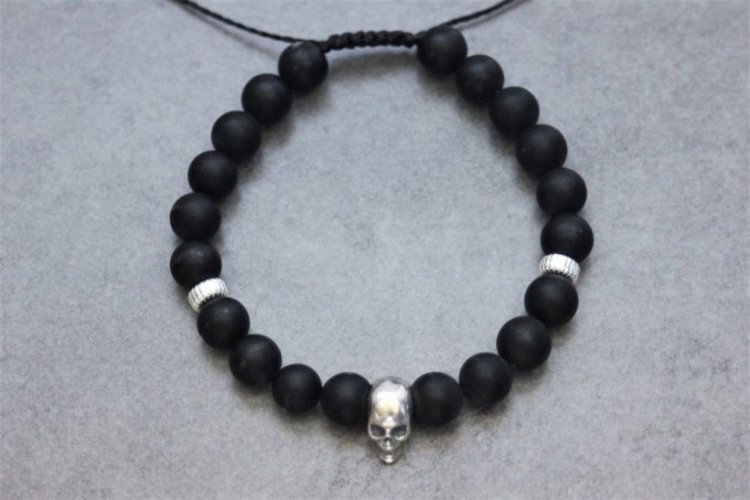 Bracelet perles onyx mat et tête de mort argent 925