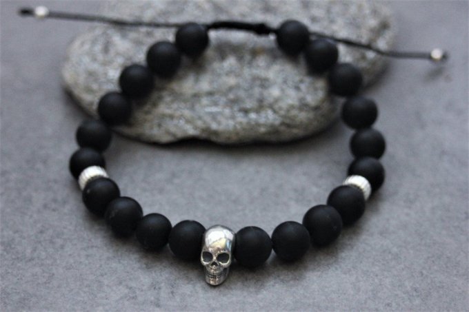 Bracelet perles onyx mat et tête de mort argent 925