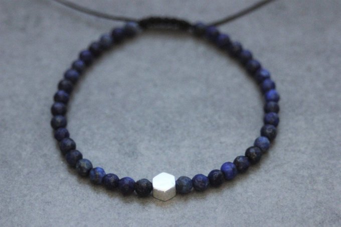 Bracelet perles lapis lazuli et perle hexagone en argent massif