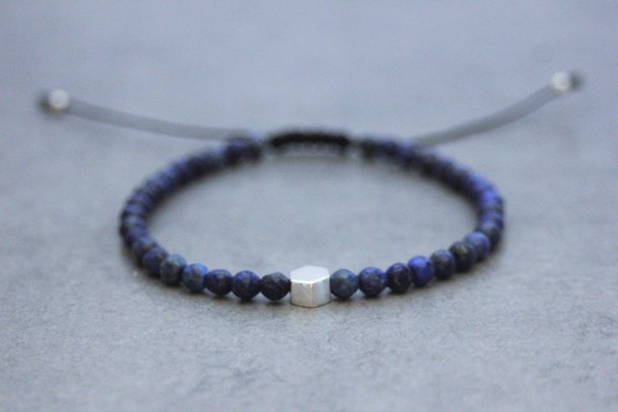 Bracelet perles lapis lazuli et perle hexagone en argent massif