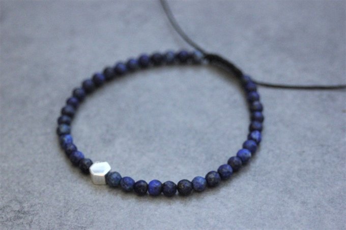 Bracelet perles lapis lazuli et perle hexagone en argent massif