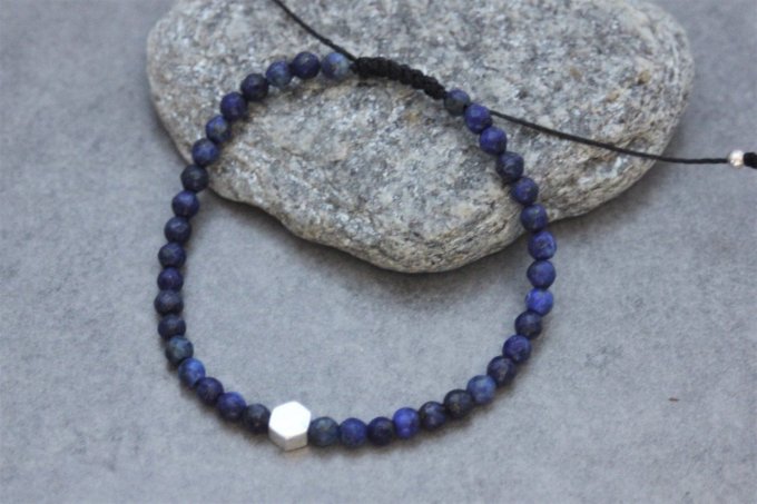 Bracelet perles lapis lazuli et perle hexagone en argent massif