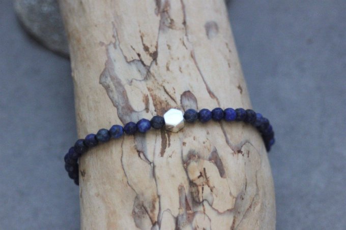 Bracelet perles lapis lazuli et perle hexagone en argent massif