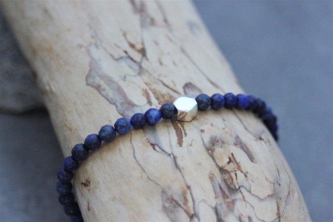 Bracelet perles lapis lazuli et perle hexagone en argent massif