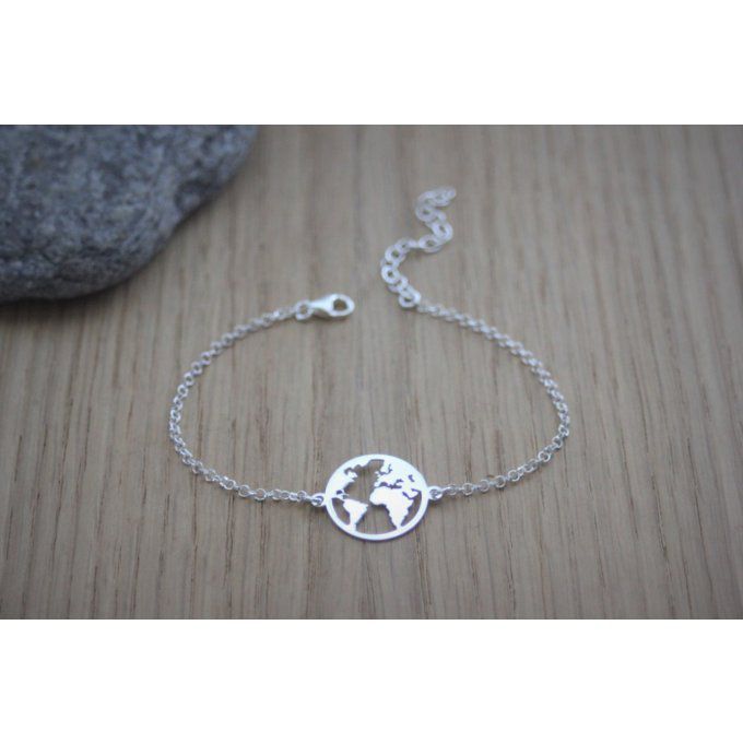 Bracelet carte du monde en argent massif 