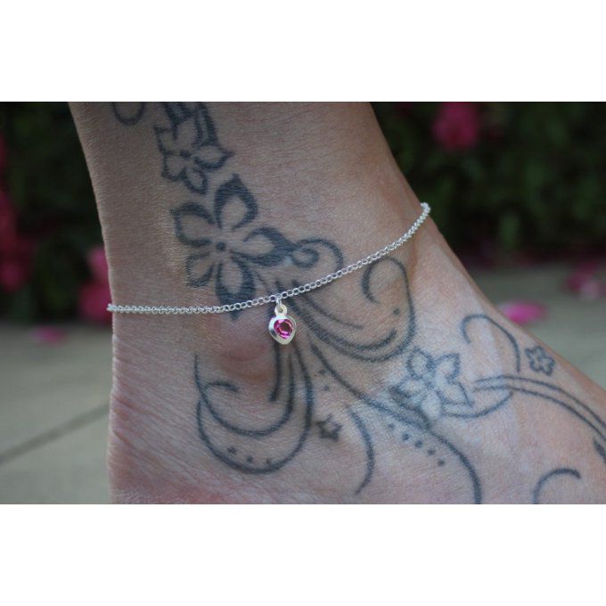 Chaine de cheville en argent massif breloque coeur en cristal rose