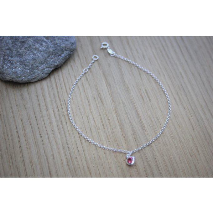 Chaine de cheville en argent massif breloque coeur en cristal rose