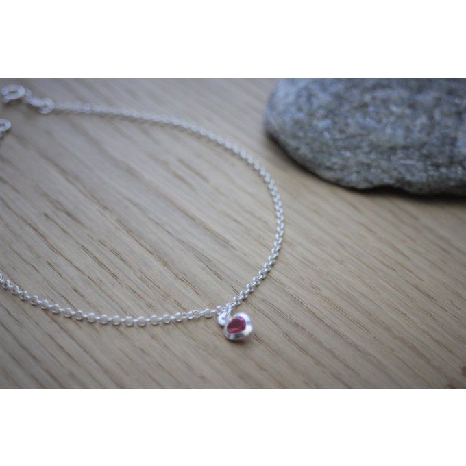 Chaine de cheville en argent massif breloque coeur en cristal rose