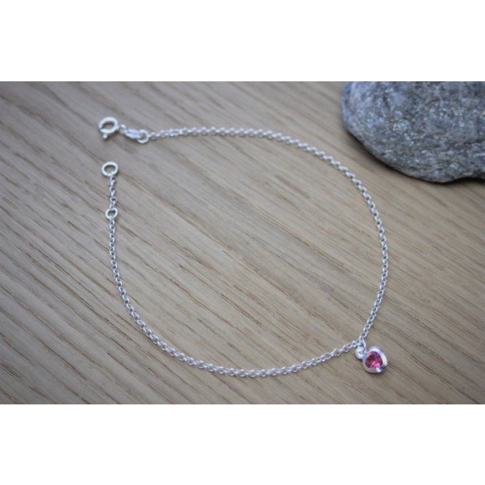 Chaine de cheville en argent massif breloque coeur en cristal rose