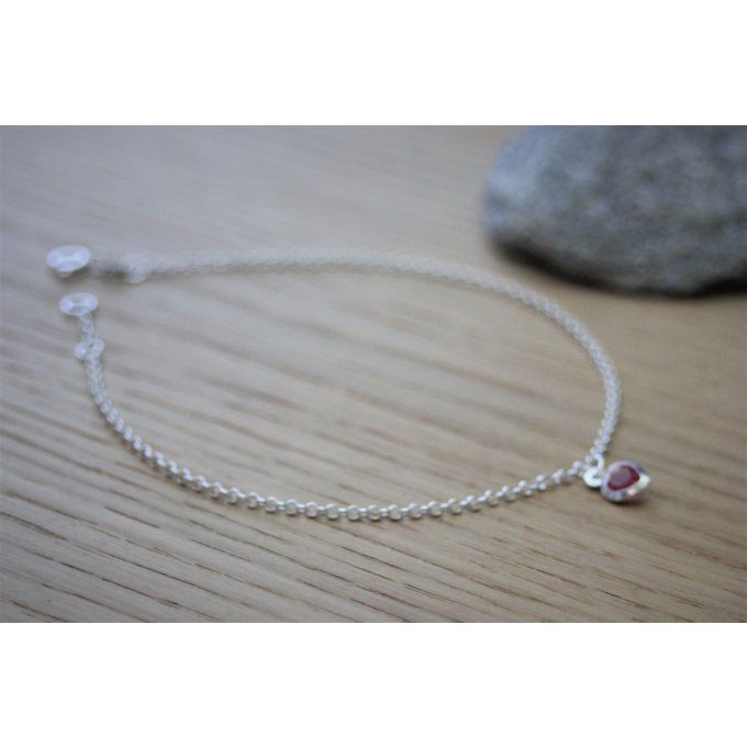 Chaine de cheville en argent massif breloque coeur en cristal rose