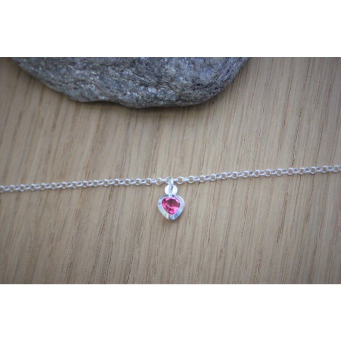 Chaine de cheville en argent massif breloque coeur en cristal rose