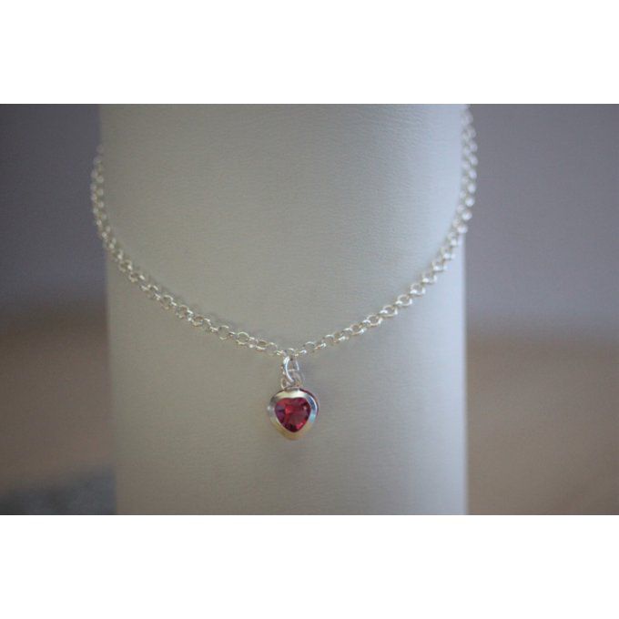 Chaine de cheville en argent massif breloque coeur en cristal rose