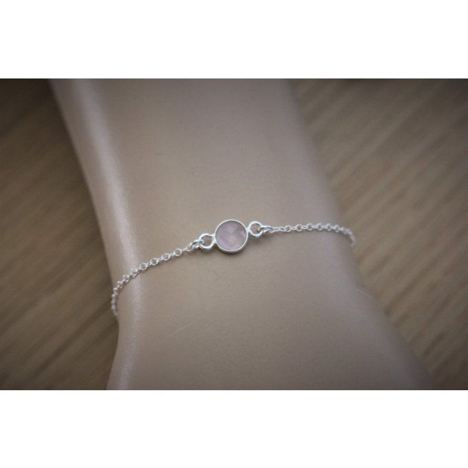 Bracelet argent massif avec pierre ronde en quartz rose