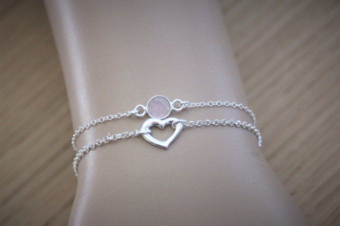 Ensemble de 2 bracelets en argent massif coeur et quartz rose