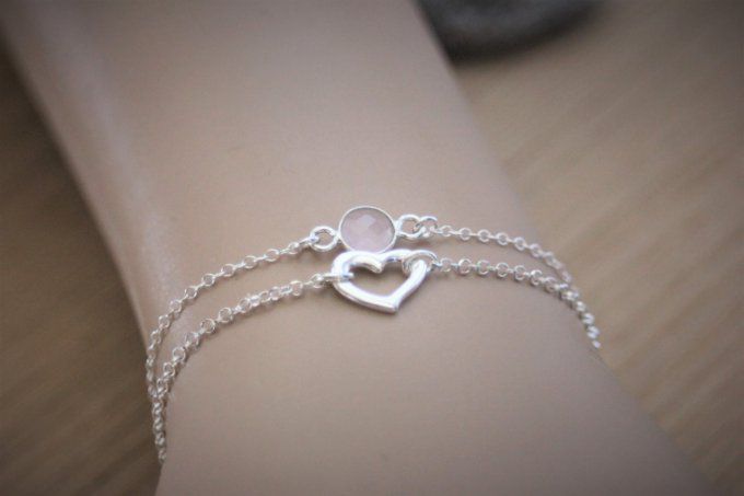 Ensemble de 2 bracelets en argent massif coeur et quartz rose