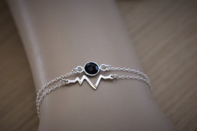 Ensemble de 2 bracelets en argent massif ondes cardiaques et spinelle noire