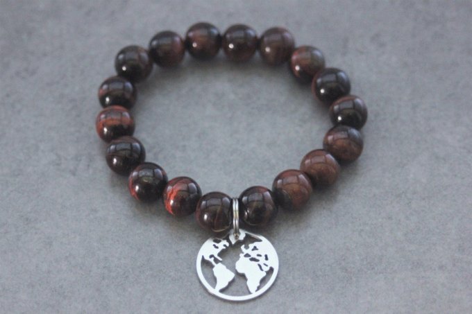 Bracelet perles oeil de taureau et breloque carte du monde en acier inoxydable